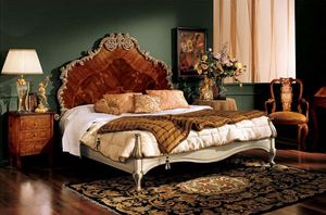 Barocco bed 796, Cama doble con cabecero de madera con incrustaciones, estilo clsico