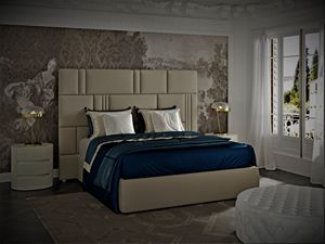 Myfair cama, Cama tapizada en cuero, acabado en gris turquesa.