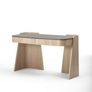 SC34 Shape escritorio, Escritorio de madera de lneas curvas, con tapa de cuero.