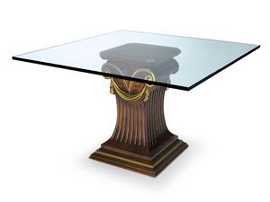 Art.528 dining table, Mesa con tapa de cristal y base de madera de haya, de estilo clsico