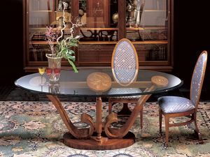 T482 Le volute mesa, Mesa de comedor oval de madera con tapa de cristal