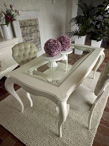 Giulietta mesa, Mesa de comedor en madera blanca, con tapa de cristal