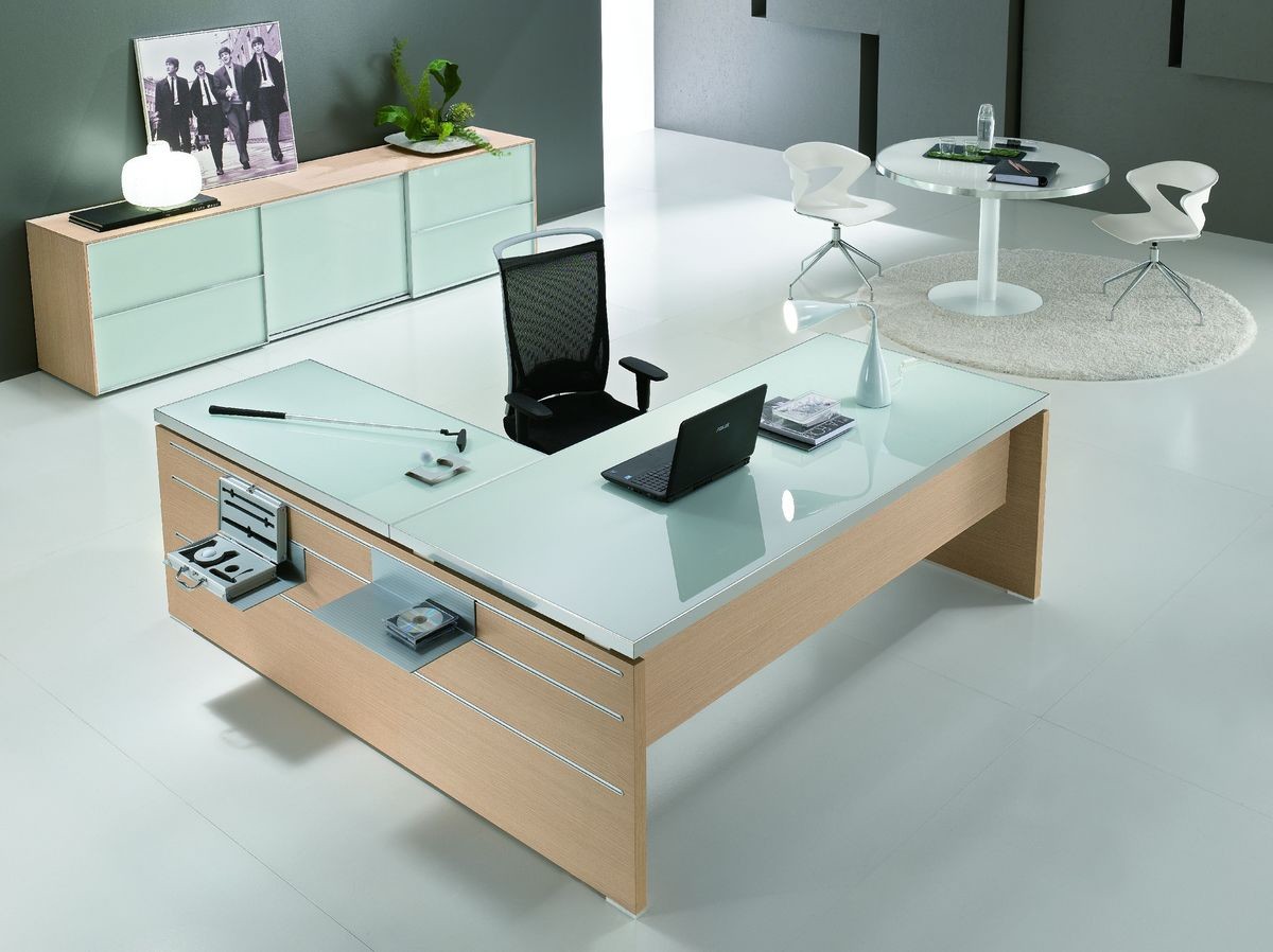 Mesa de oficina LESSOC, mueble a izquierda, cristal, 160x80 cms