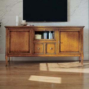 Glamour GLAMO726, Mueble TV con dos puertas, 2 cajones y solapa de cristal